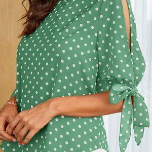 Polka Dot Split Sleeve Blouse, Casual Crew Neck Knot Cuff Blouse